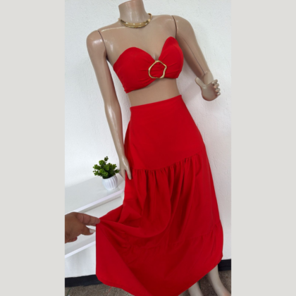 Conjunto Saia Longa e Top Tomara que Caia com Fivela Orgânica